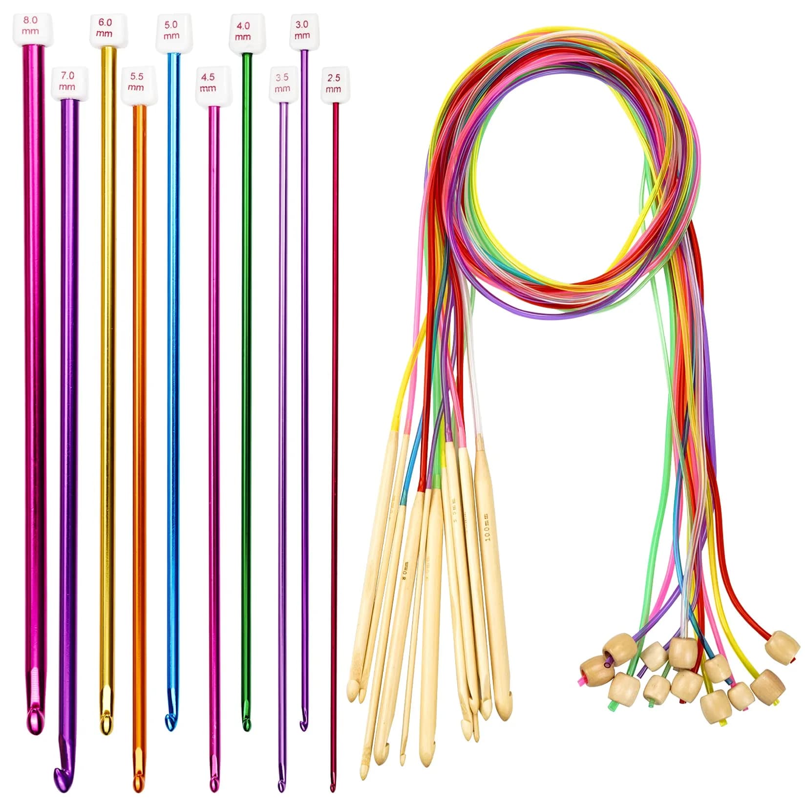 tiggell 23 Pieces Crochet Hooks Set with Bamboo Knitting Needles | 2mm-10mm Metric Sizes — Multi Color