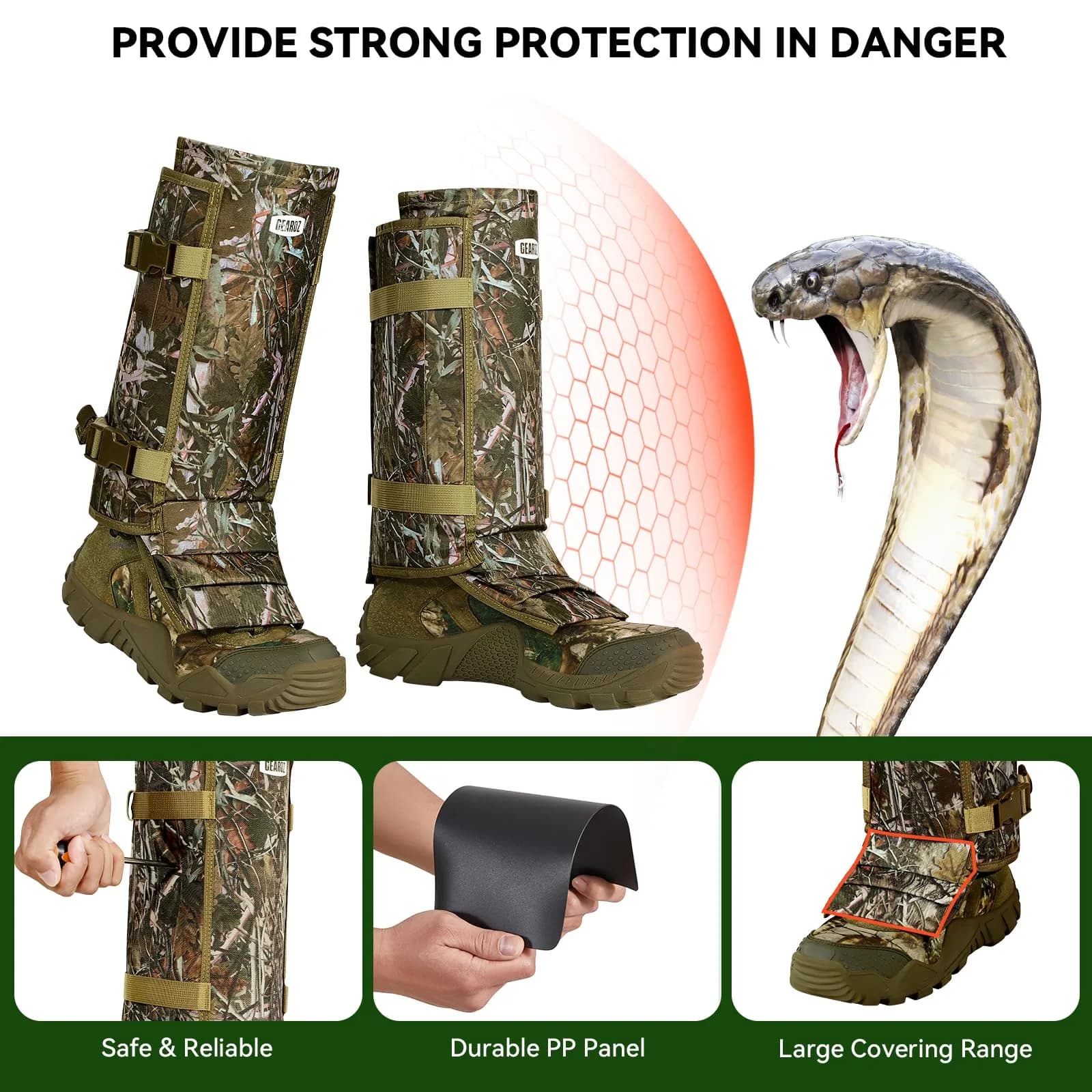 GearOZ Snake Gaiters Chaps, Durable Lower Legs Anti-Snake Bite Guards Camo | 16.9 × 9.8 × 3.1 inches (43 × 25 × 8 cm) - view 3