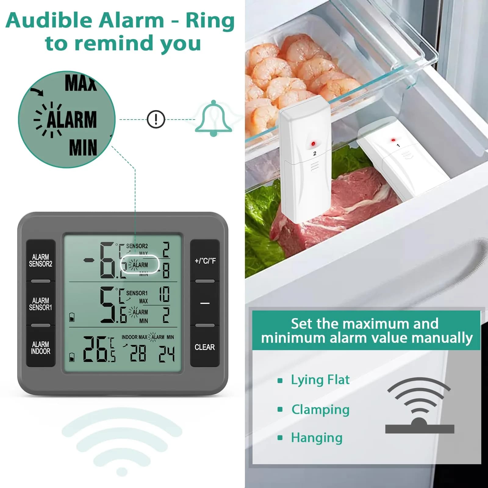ORIA Wireless Refrigerator Thermometer with 2 Sensors | Indoor/Outdoor -40°C to 60°C - view 3