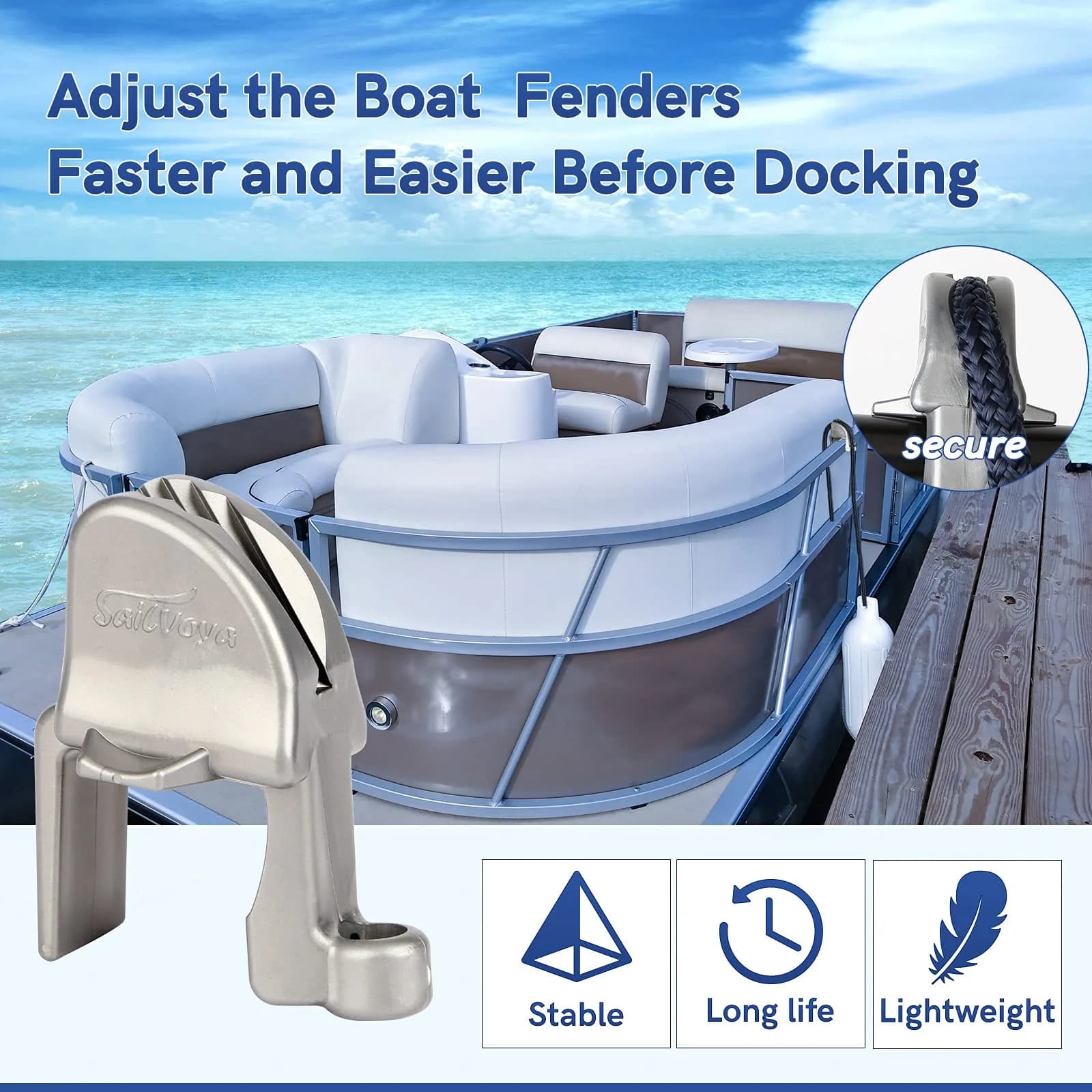SailVoya Adjustable Pontoon Boat Fender Clips (4 Pack) | Securely Mounts 1-1.25 inch Square Rails - view 4