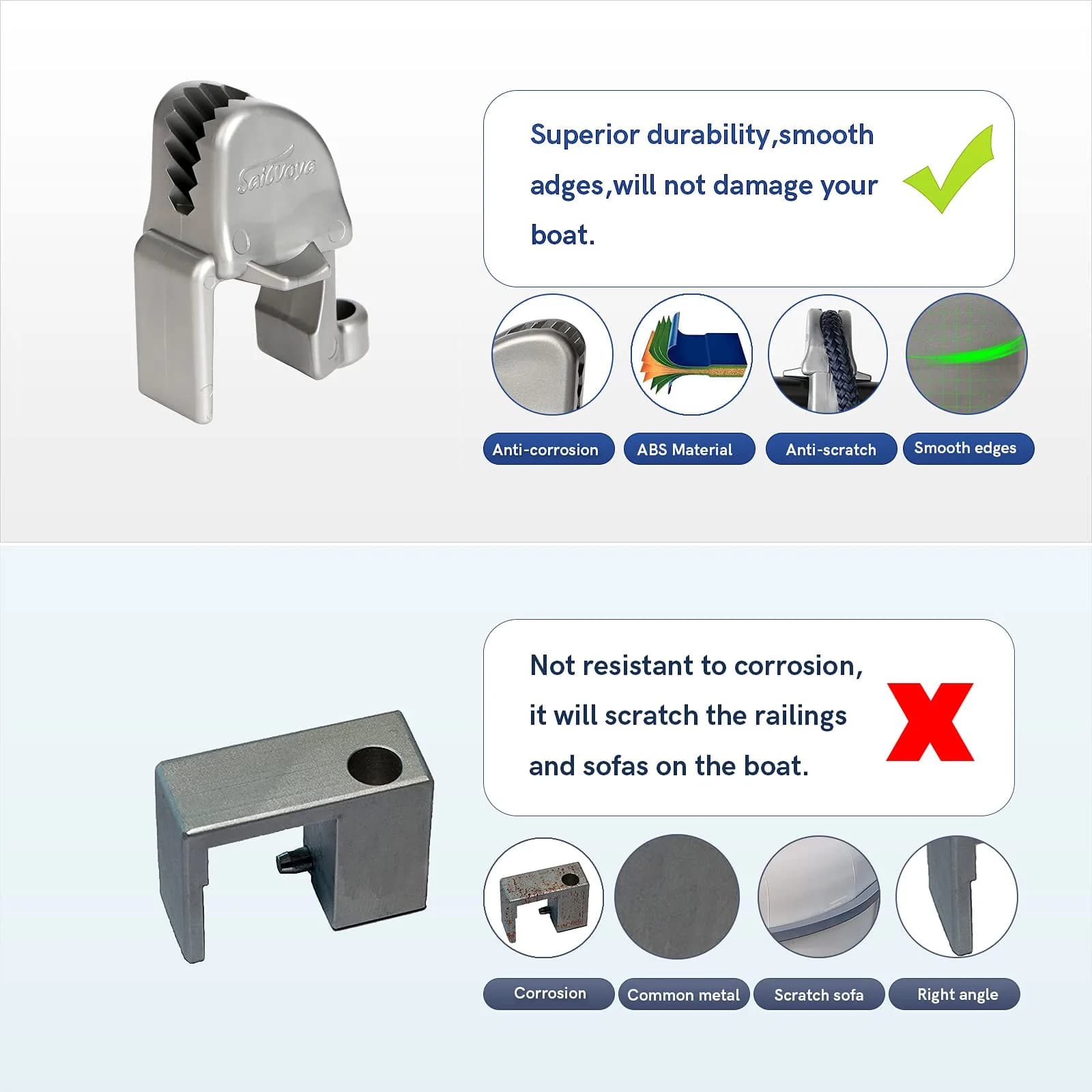 SailVoya Adjustable Pontoon Boat Fender Clips (4 Pack) | Securely Mounts 1-1.25 inch Square Rails - view 6