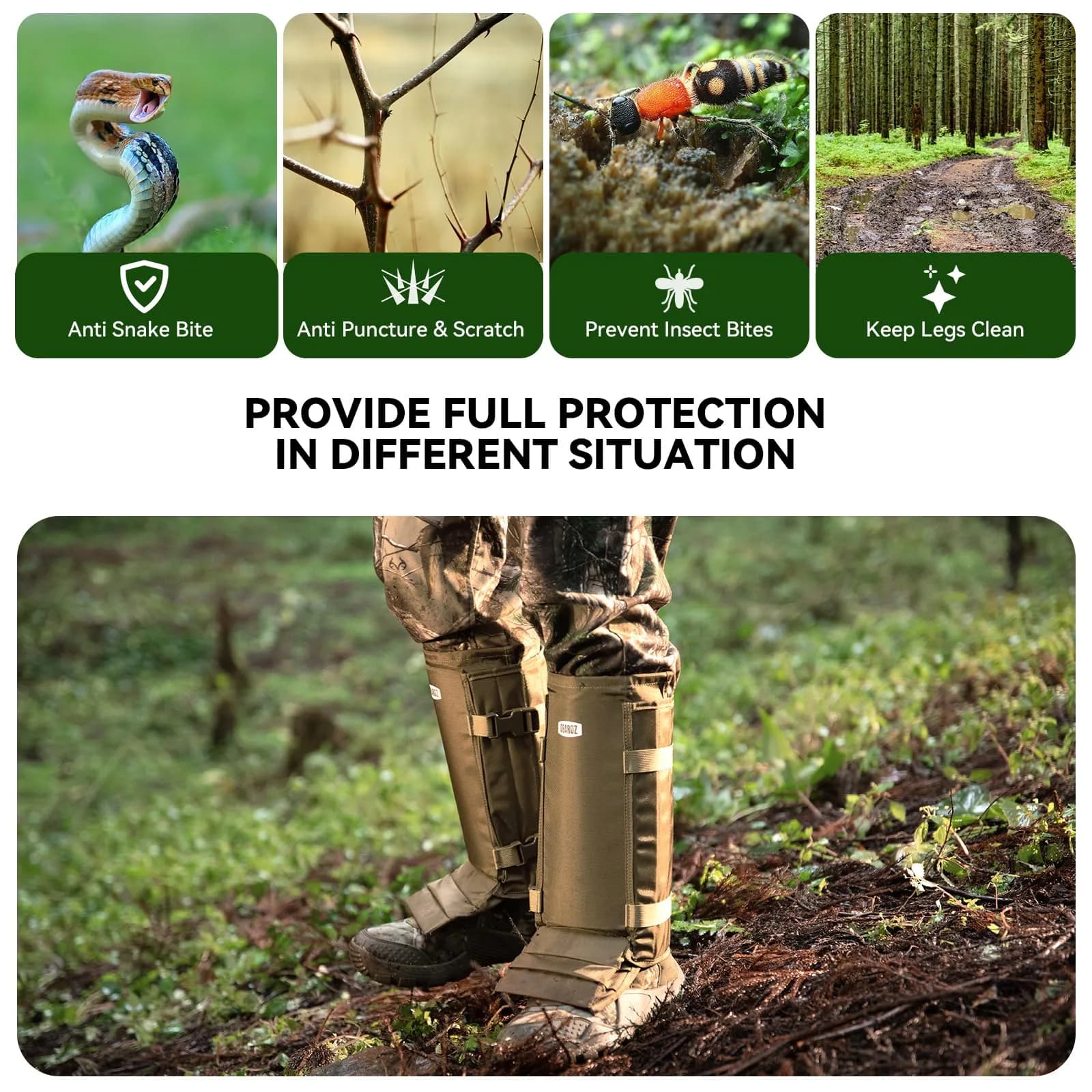 GearOZ Snake Gaiters Chaps Khaki | 1000D Oxford & Polypropylene Anti-Snake Bite Guards for Men & Women - view 4