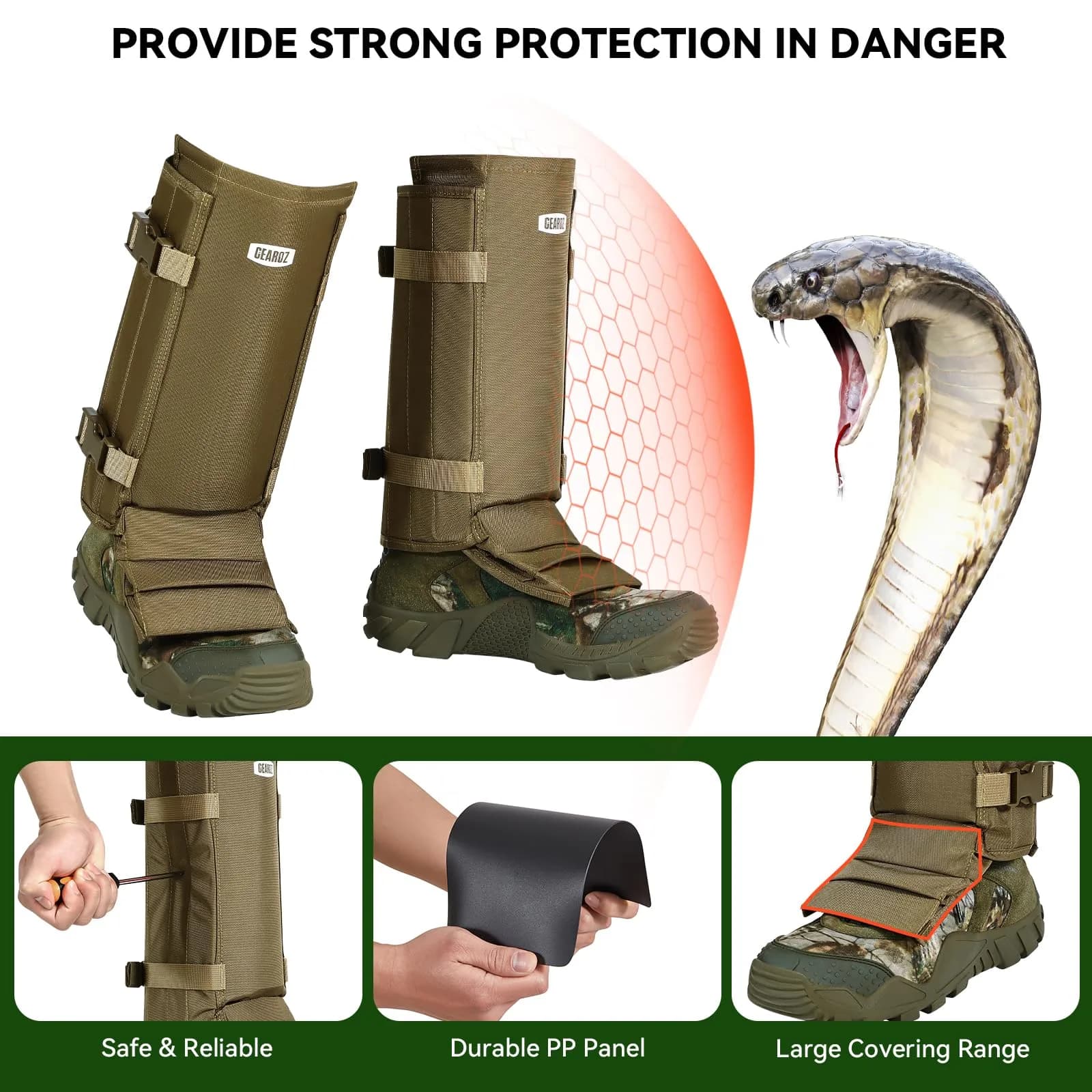 GearOZ Snake Gaiters Chaps Khaki | 1000D Oxford & Polypropylene Anti-Snake Bite Guards for Men & Women - view 3