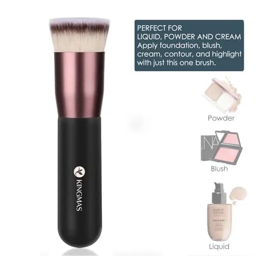 KINGMAS Flat Top Kabuki Foundation Brush Black | Premium Makeup Brush for Liquid, Cream, Powder, Blush, Buffing, Stippling thumbnail 6
