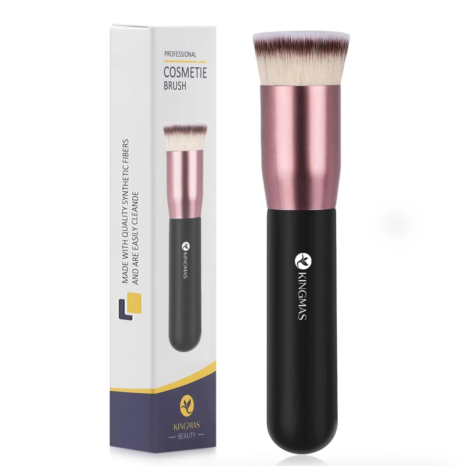KINGMAS Flat Top Kabuki Foundation Brush Black | Premium Makeup Brush for Liquid, Cream, Powder, Blush, Buffing, Stippling — Black