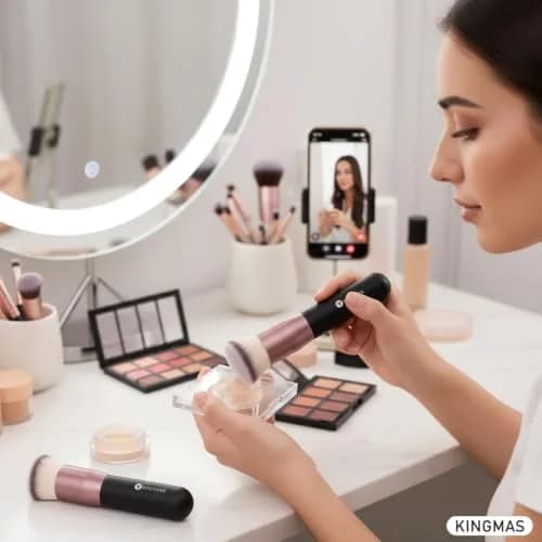 KINGMAS Flat Top Kabuki Foundation Brush Black | Premium Makeup Brush for Liquid, Cream, Powder, Blush, Buffing, Stippling thumbnail 4