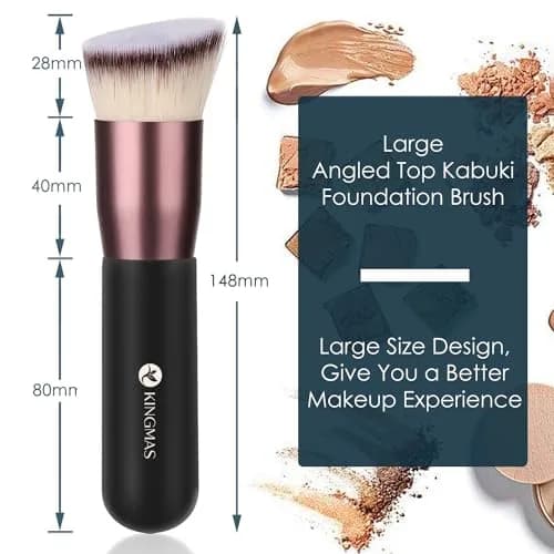 KINGMAS Angled Top Foundation Brush for Liquid, Cream, Powder, Blush Buffing Stippling Face Makeup Tools Black | Premium Synthetic Bristle Brush thumbnail 4