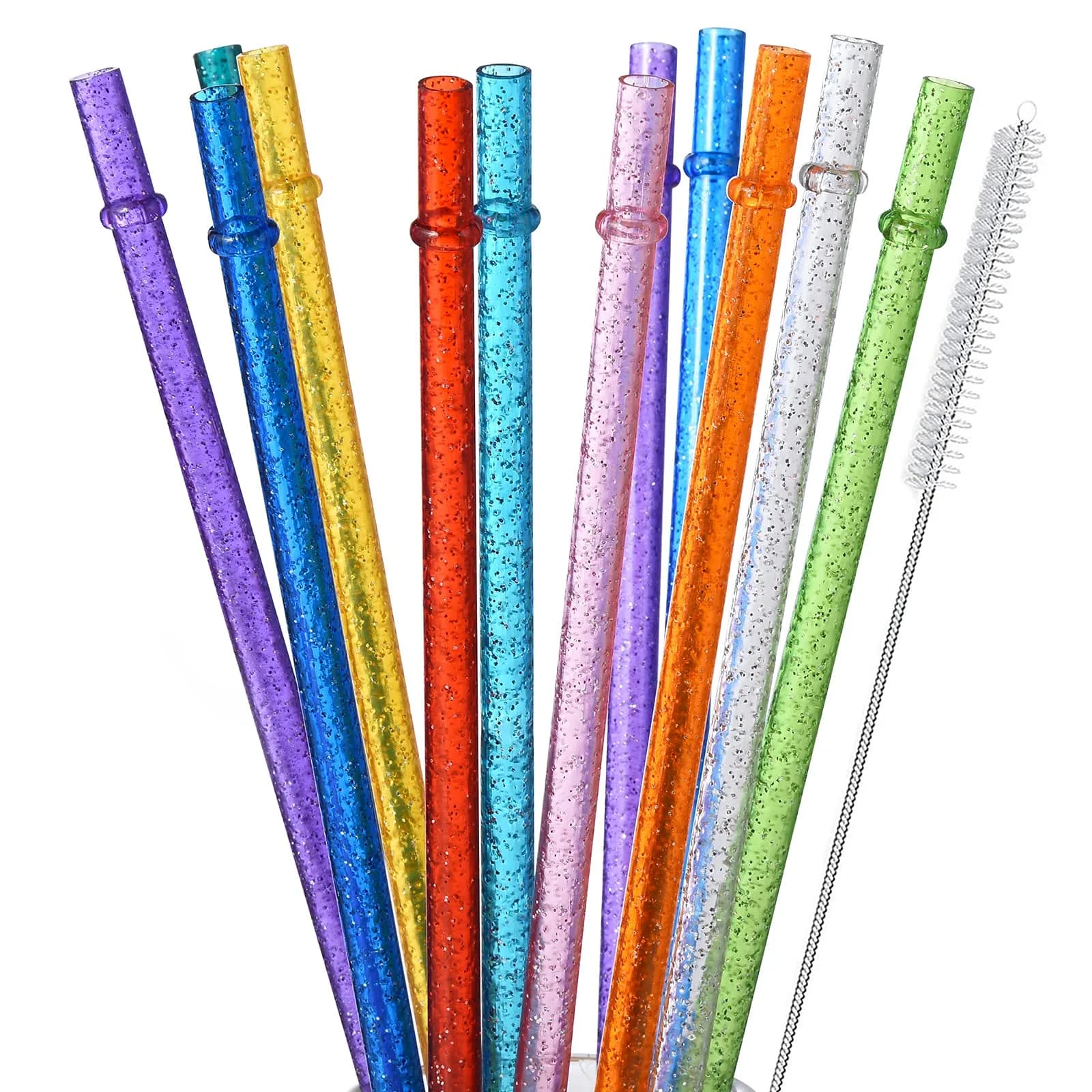 ALINK 12-Pack Glitter Plastic Tumbler Straws 28cm (11") | Reusable Hard Plastic Straws with Cleaning Brush — 11 INCH