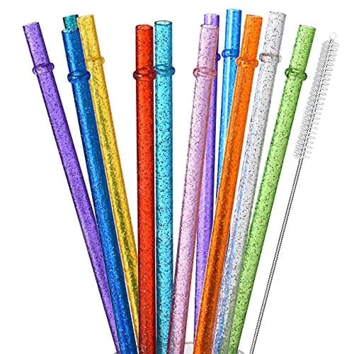 ALINK 12-Pack Glitter Plastic Tumbler Straws 28cm (11") | Reusable Hard Plastic Straws with Cleaning Brush thumbnail 1