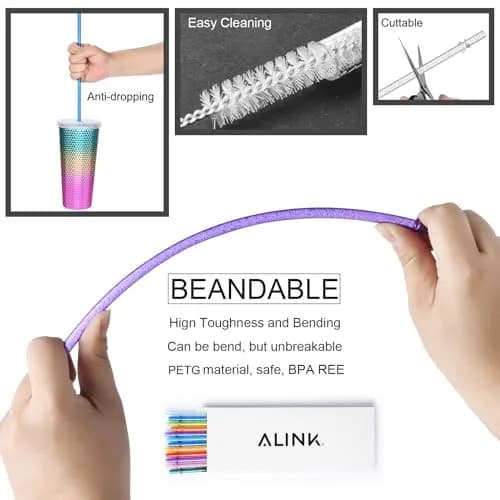 ALINK 12-Pack Glitter Plastic Tumbler Straws 28cm (11") | Reusable Hard Plastic Straws with Cleaning Brush thumbnail 3