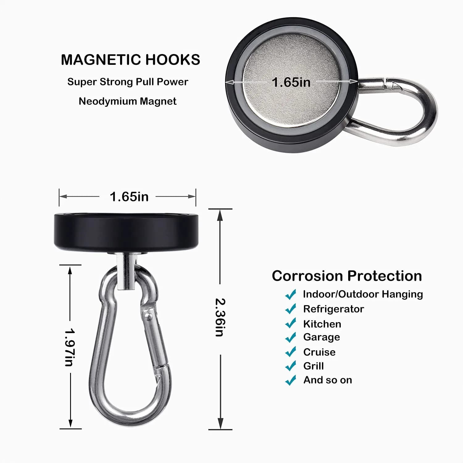 WELLZEER Heavy Duty Magnetic Hooks 170lbs Black 2-Pack | Swiveling Carabiner for Industrial Garages & Kitchens - view 5