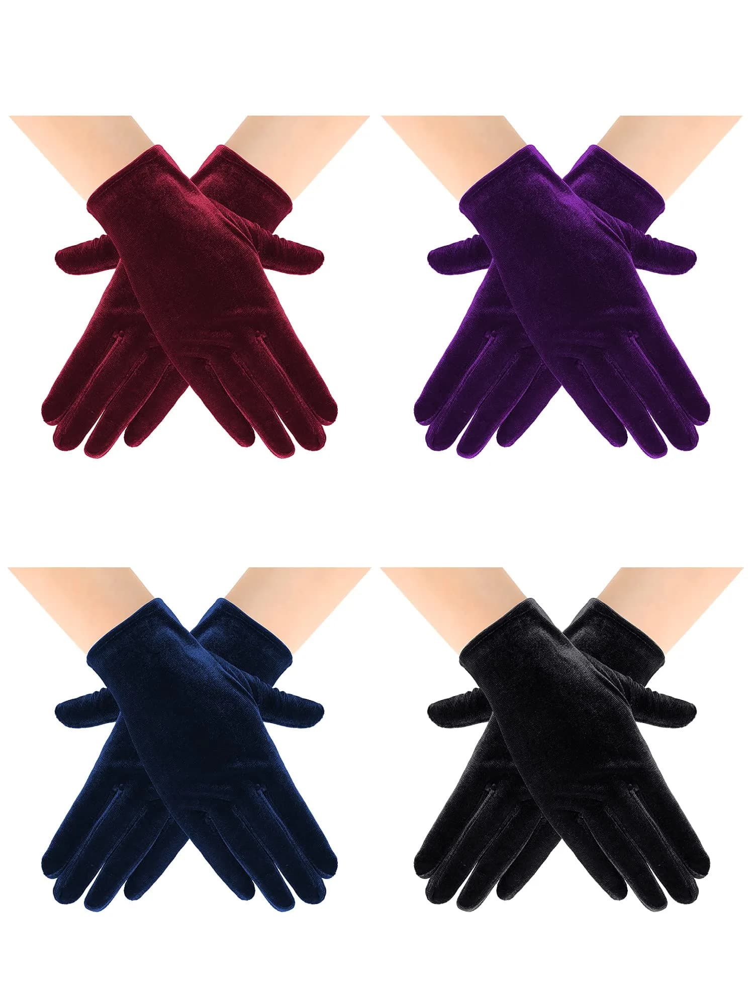 Geyoga 4 Pairs Women Short Velvet Gloves | Elegant Opera & Party Wear — Black, Purple, Blue, Wine Red