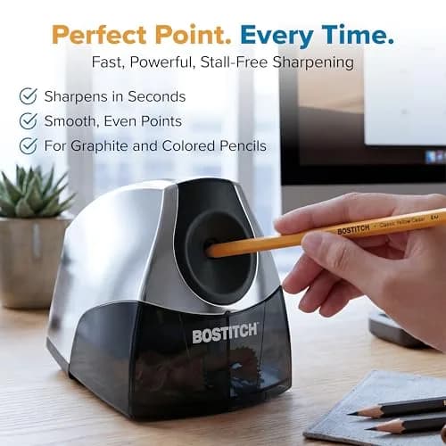 Bostitch Office Electric Pencil Sharpener Heavy-Duty Stall-Free Motor Chrome | Classroom & Desk Use thumbnail 4