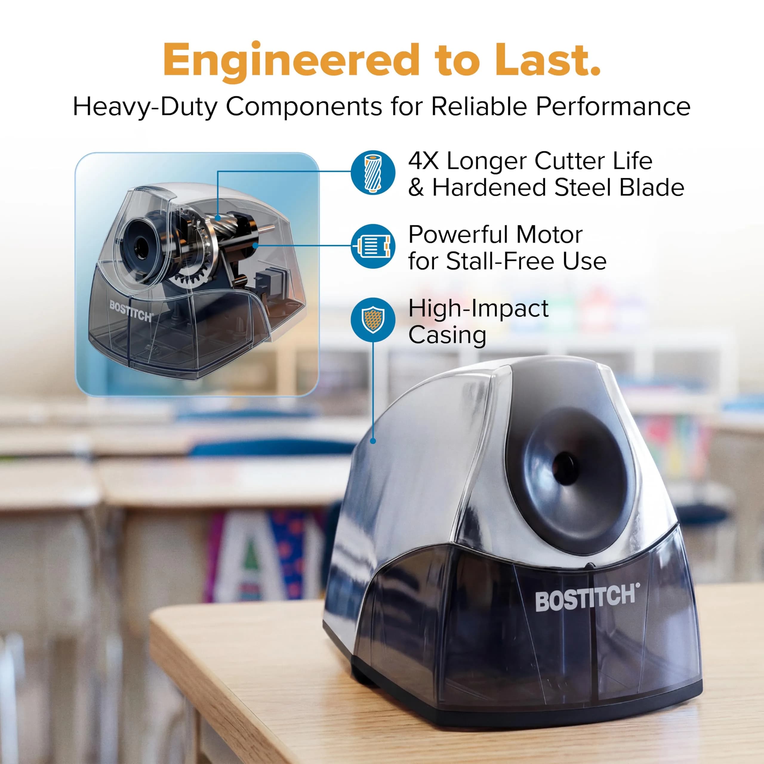 Bostitch Heavy Duty Electric Pencil Sharpener, Chrome - Stall-Free Motor for Classroom & Desk - view 5