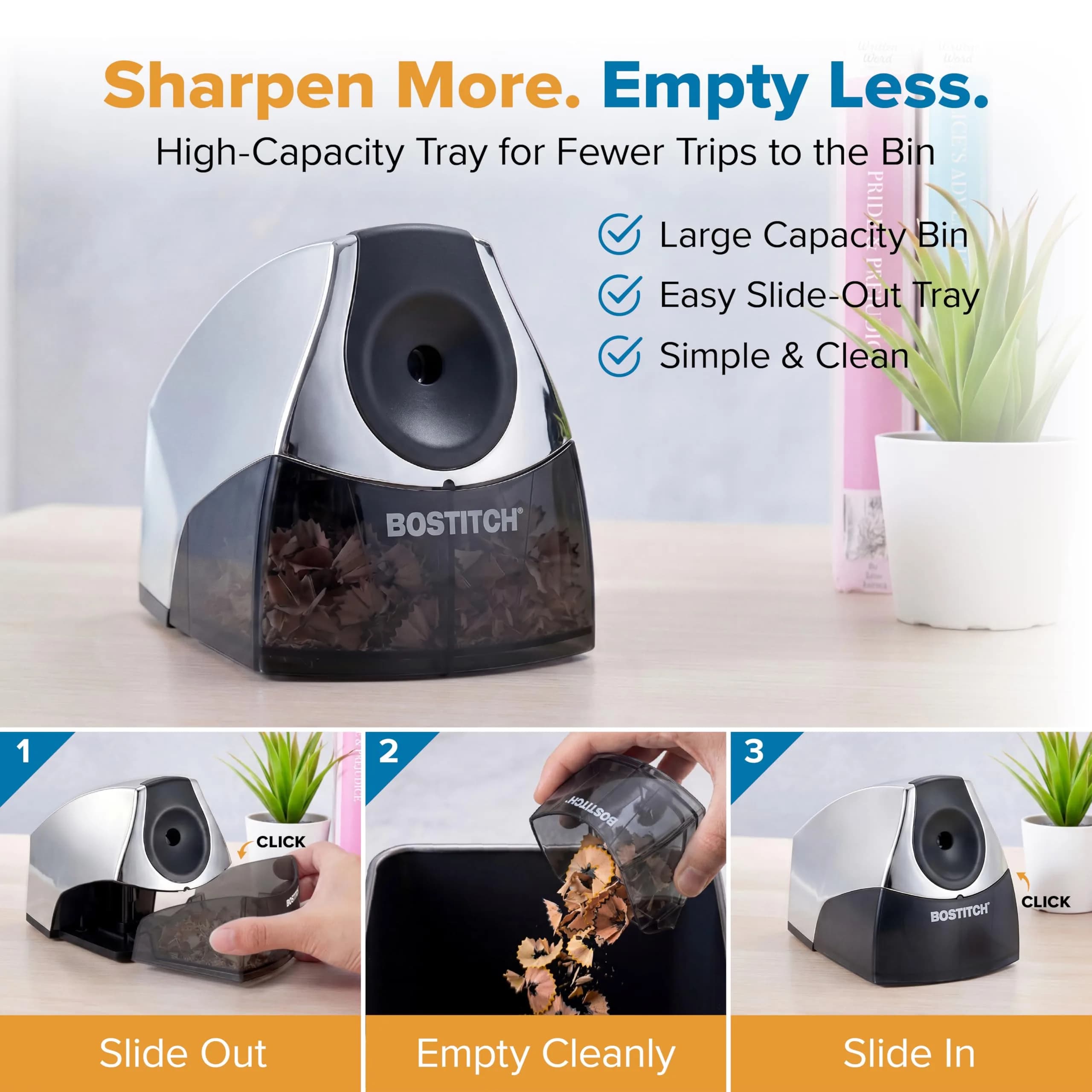 Bostitch Heavy Duty Electric Pencil Sharpener, Chrome - Stall-Free Motor for Classroom & Desk - view 2