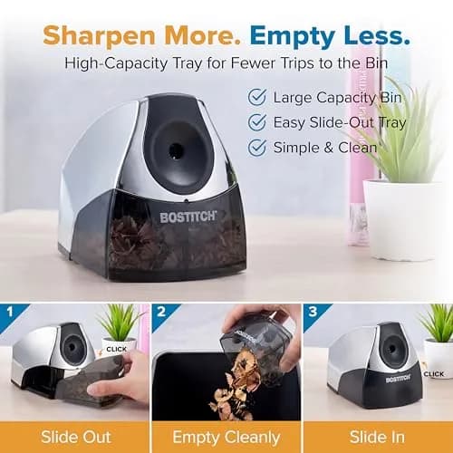 Bostitch Office Electric Pencil Sharpener Heavy-Duty Stall-Free Motor Chrome | Classroom & Desk Use thumbnail 2