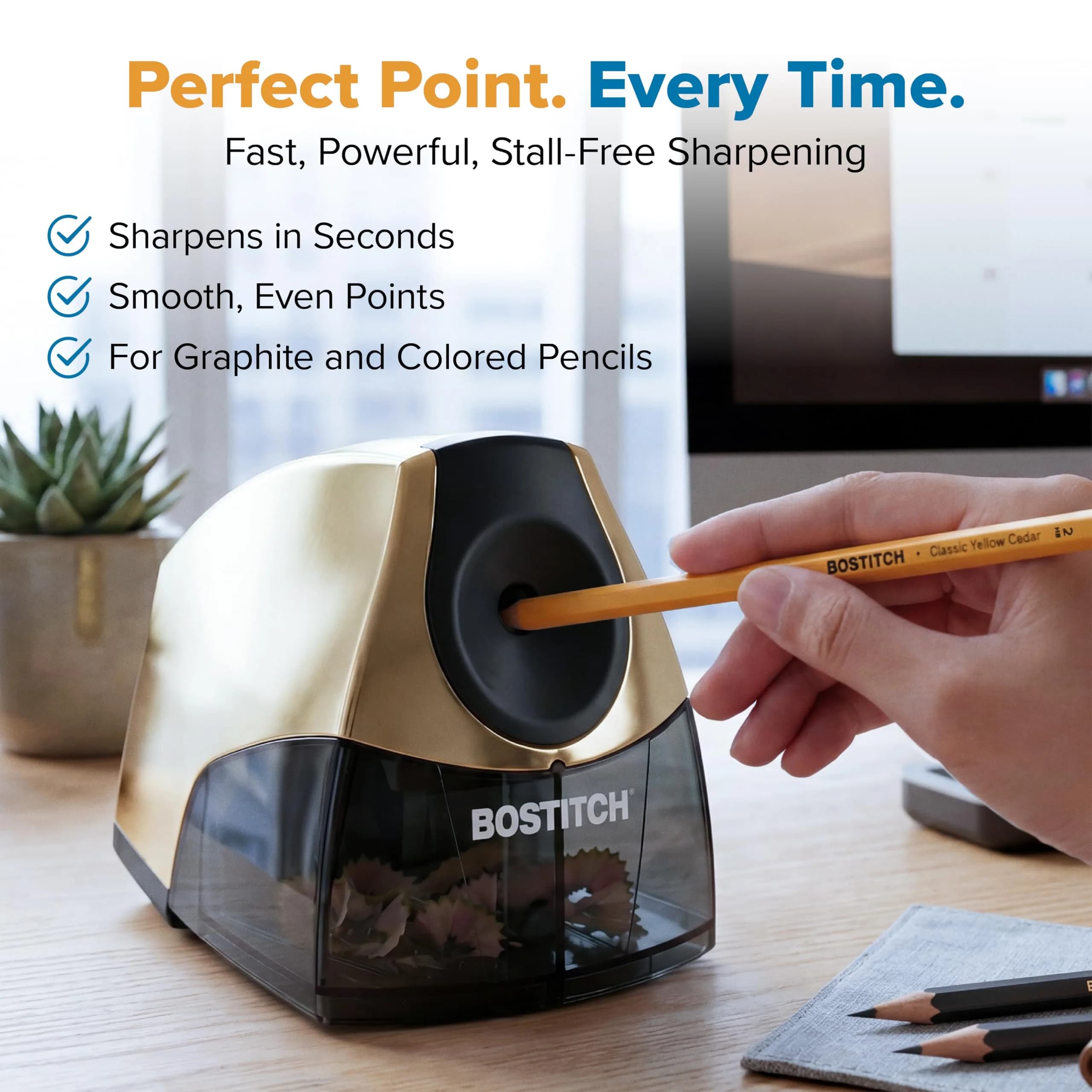 Bostitch Office Electric Pencil Sharpener Gold Chrome | Heavy-Duty Stall-Free Motor, High-Capacity Shavings Tray - view 4