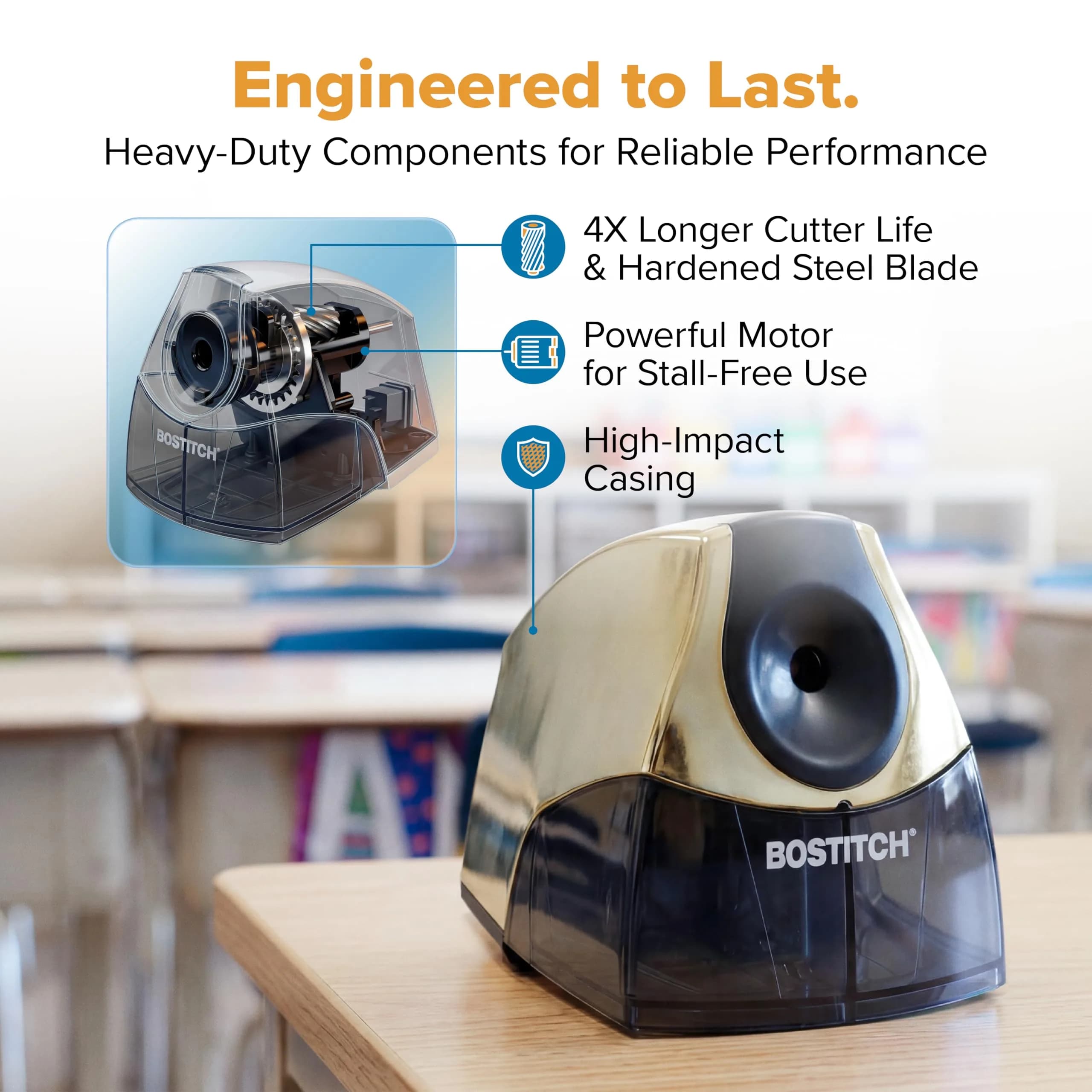 Bostitch Office Electric Pencil Sharpener Gold Chrome | Heavy-Duty Stall-Free Motor, High-Capacity Shavings Tray - view 5