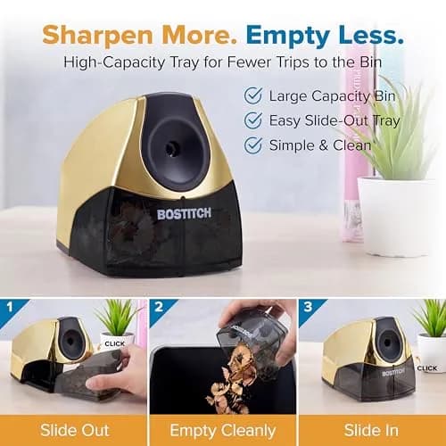 Bostitch Office Electric Pencil Sharpener Gold Chrome | Heavy-Duty Stall-Free Motor, High-Capacity Shavings Tray thumbnail 2