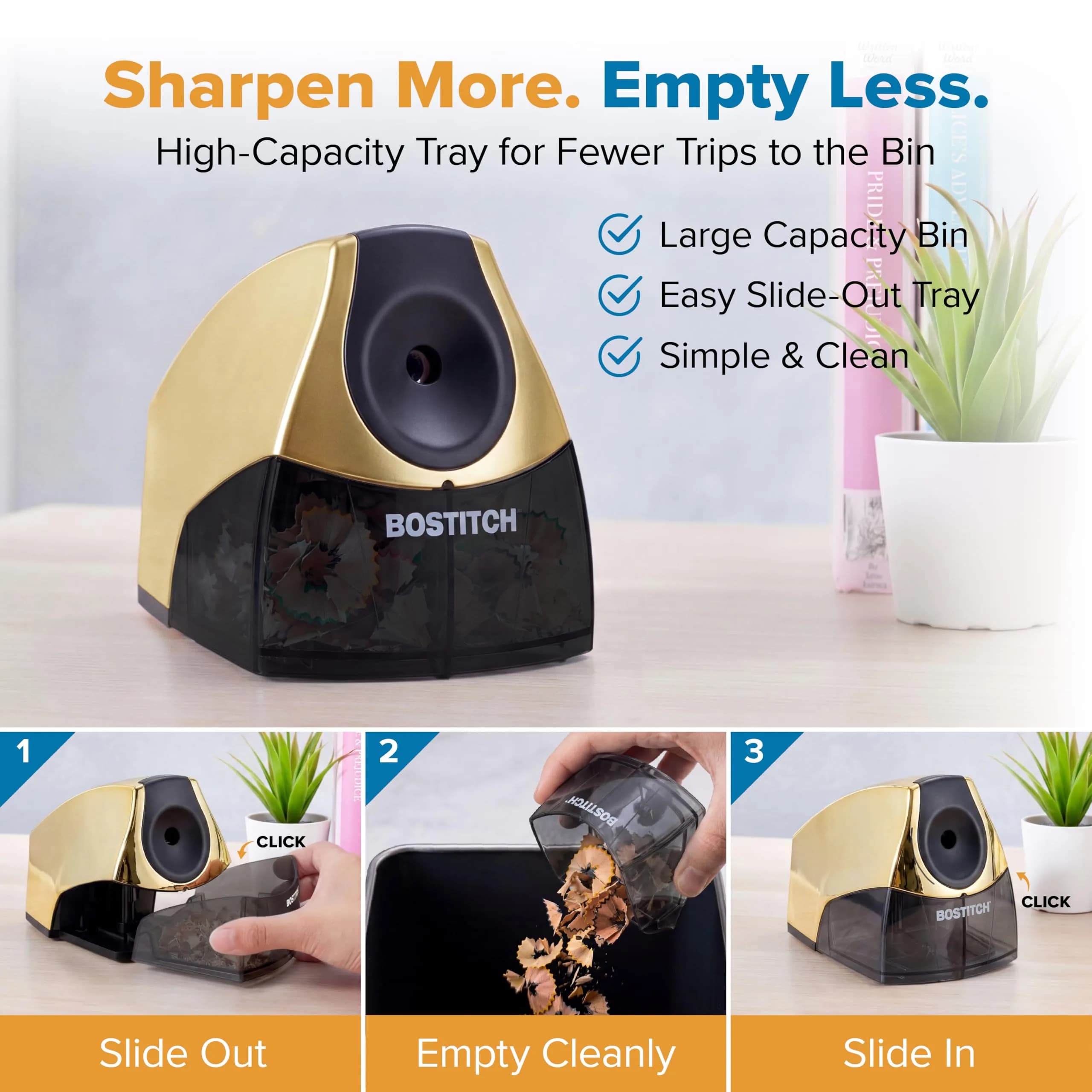Bostitch Office Electric Pencil Sharpener Gold Chrome | Heavy-Duty Stall-Free Motor, High-Capacity Shavings Tray - view 2
