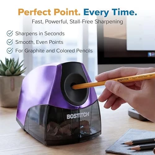 Bostitch Electric Pencil Sharpener for Classroom and Desk, Metallic Purple, 1 Unit | Stall-Free Motor & 7-Year Warranty thumbnail 4