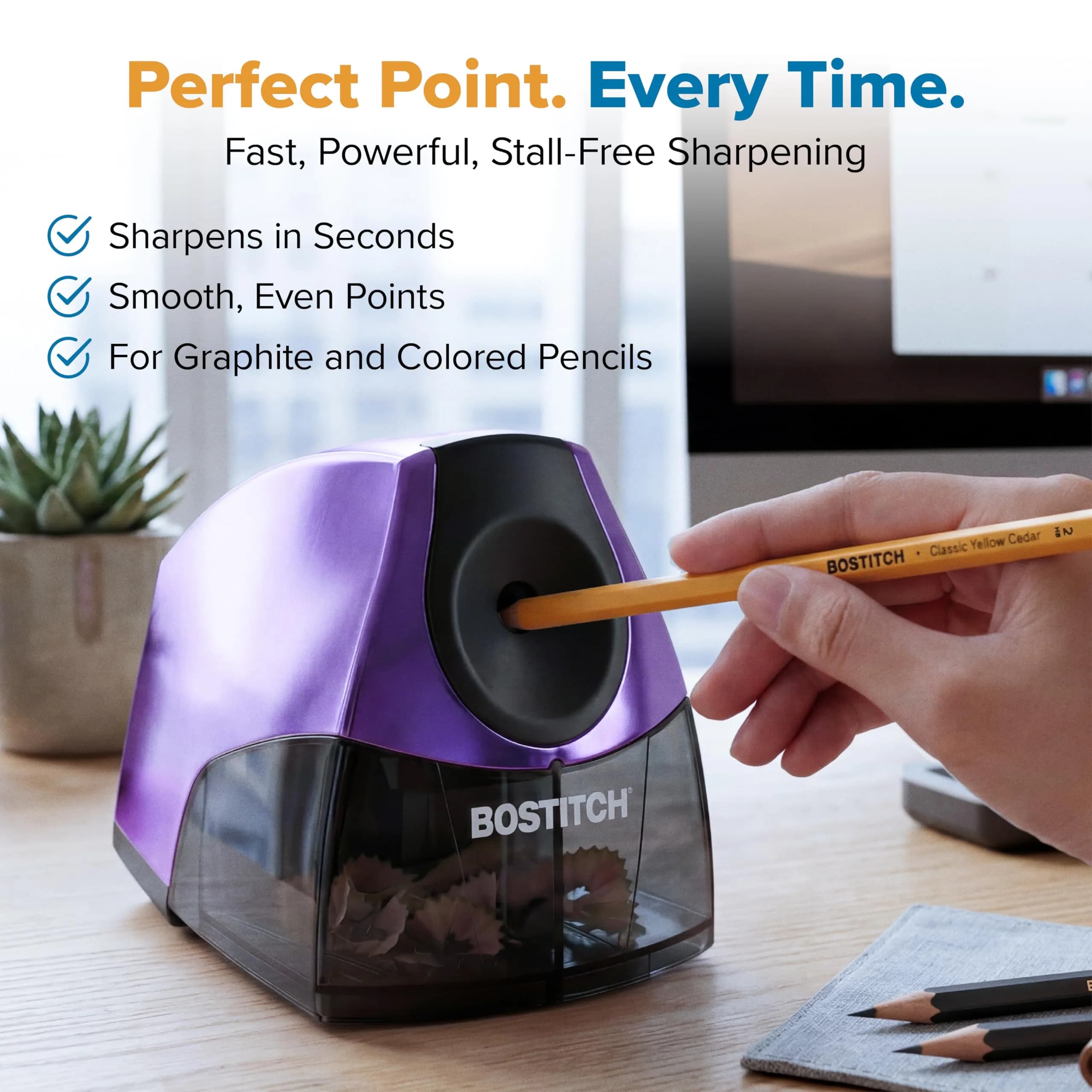Bostitch Electric Pencil Sharpener for Classroom and Desk, Metallic Purple, 1 Unit | Stall-Free Motor & 7-Year Warranty - view 4