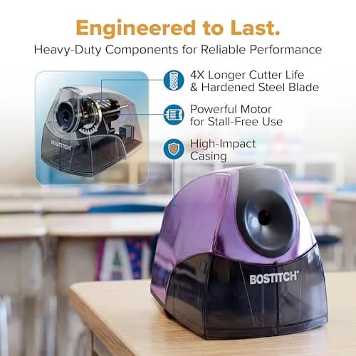 Bostitch Electric Pencil Sharpener for Classroom and Desk, Metallic Purple, 1 Unit | Stall-Free Motor & 7-Year Warranty thumbnail 5