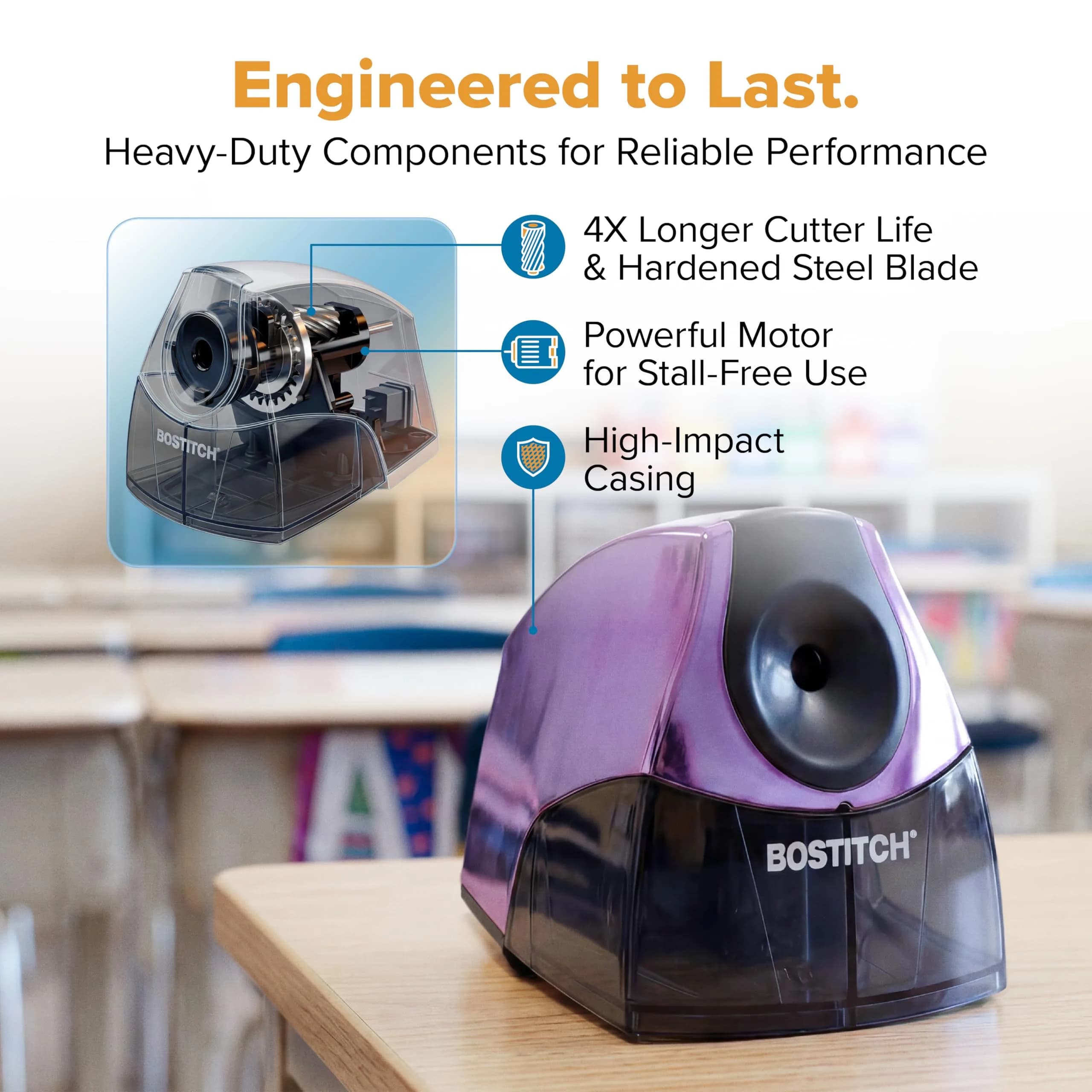 Bostitch Electric Pencil Sharpener for Classroom and Desk, Metallic Purple, 1 Unit | Stall-Free Motor & 7-Year Warranty - view 5