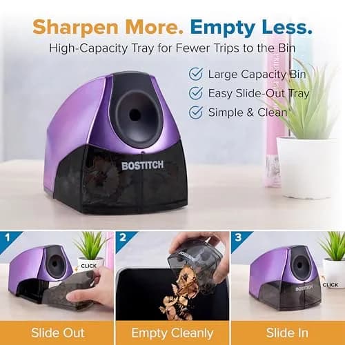 Bostitch Electric Pencil Sharpener for Classroom and Desk, Metallic Purple, 1 Unit | Stall-Free Motor & 7-Year Warranty thumbnail 2