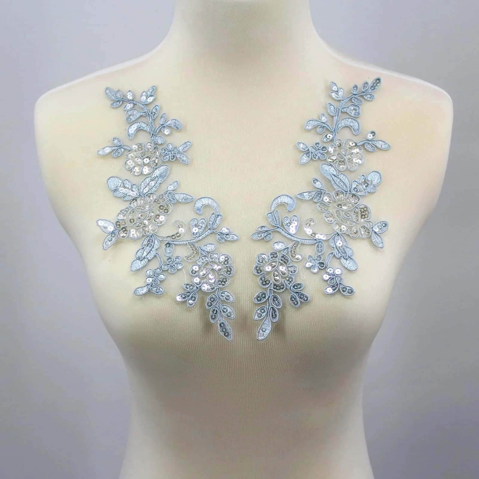 SUNMOVE Blue Embroidery Sequin Lace Applique 25cm x 10cm | Bridal & Party Dress Embellishment — Sky Blue