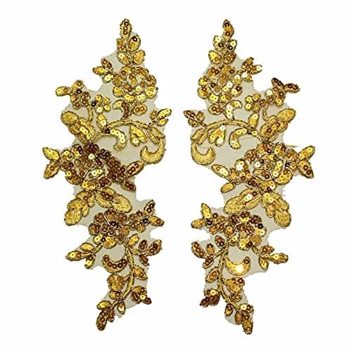 SUNMOVE Gold Fabric Applique Patch 25cm x 10cm | Floral Sequin Embroidery for Bridal & Party Wear thumbnail 1