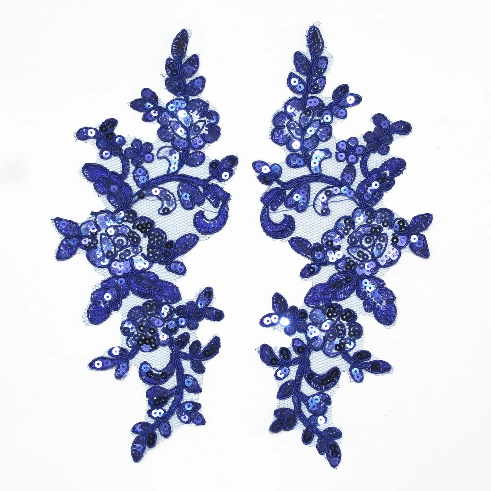 SUNMOVE Blue Embroidery Sequin Lace Applique 25cm x 10cm | Bridal & Party Dress Embellishment - main product image