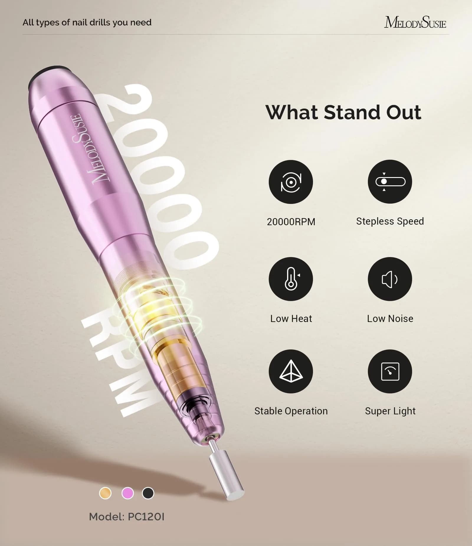 MelodySusie PC120I Portable USB Nail Drill - Macaron Purple | 20000RPM Beginner-Friendly Electric Nail File for Home Use - view 4