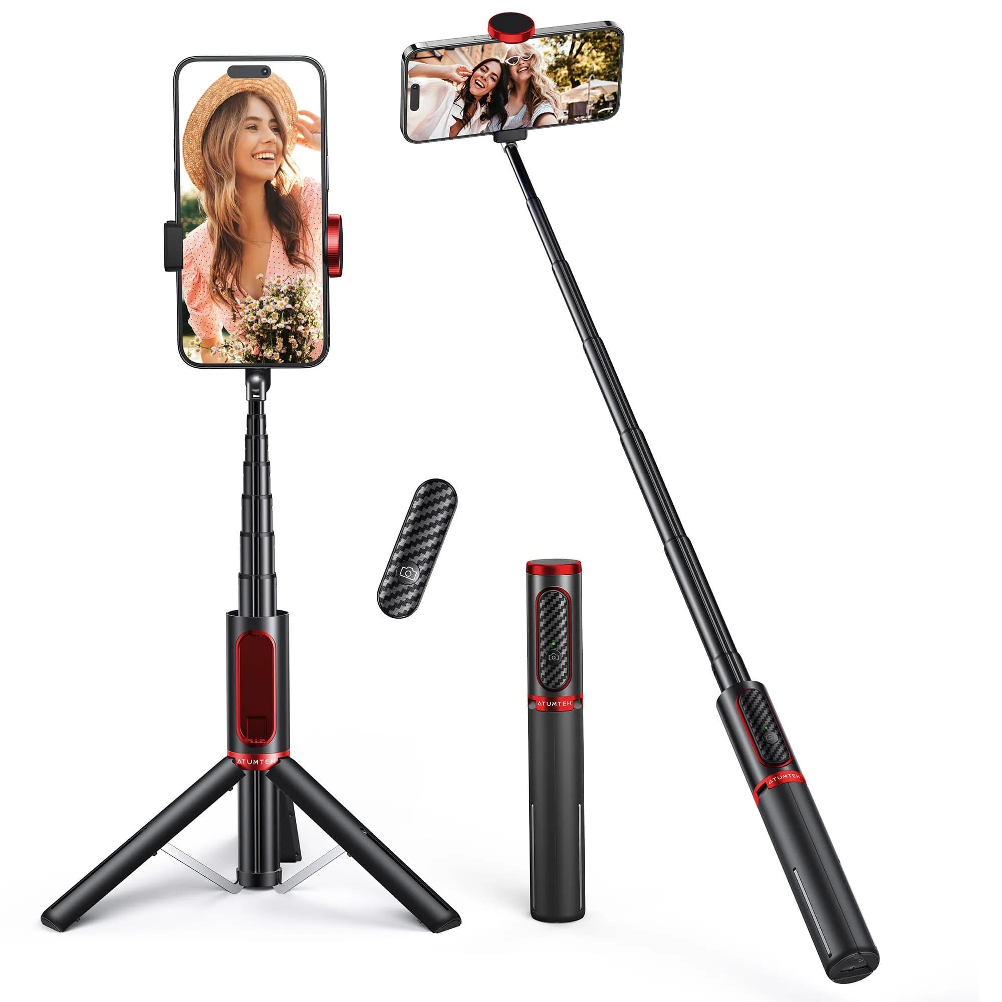 ATUMTEK Red Selfie Stick Tripod with Bluetooth Remote, Extendable Aluminum Phone Holder - main product image