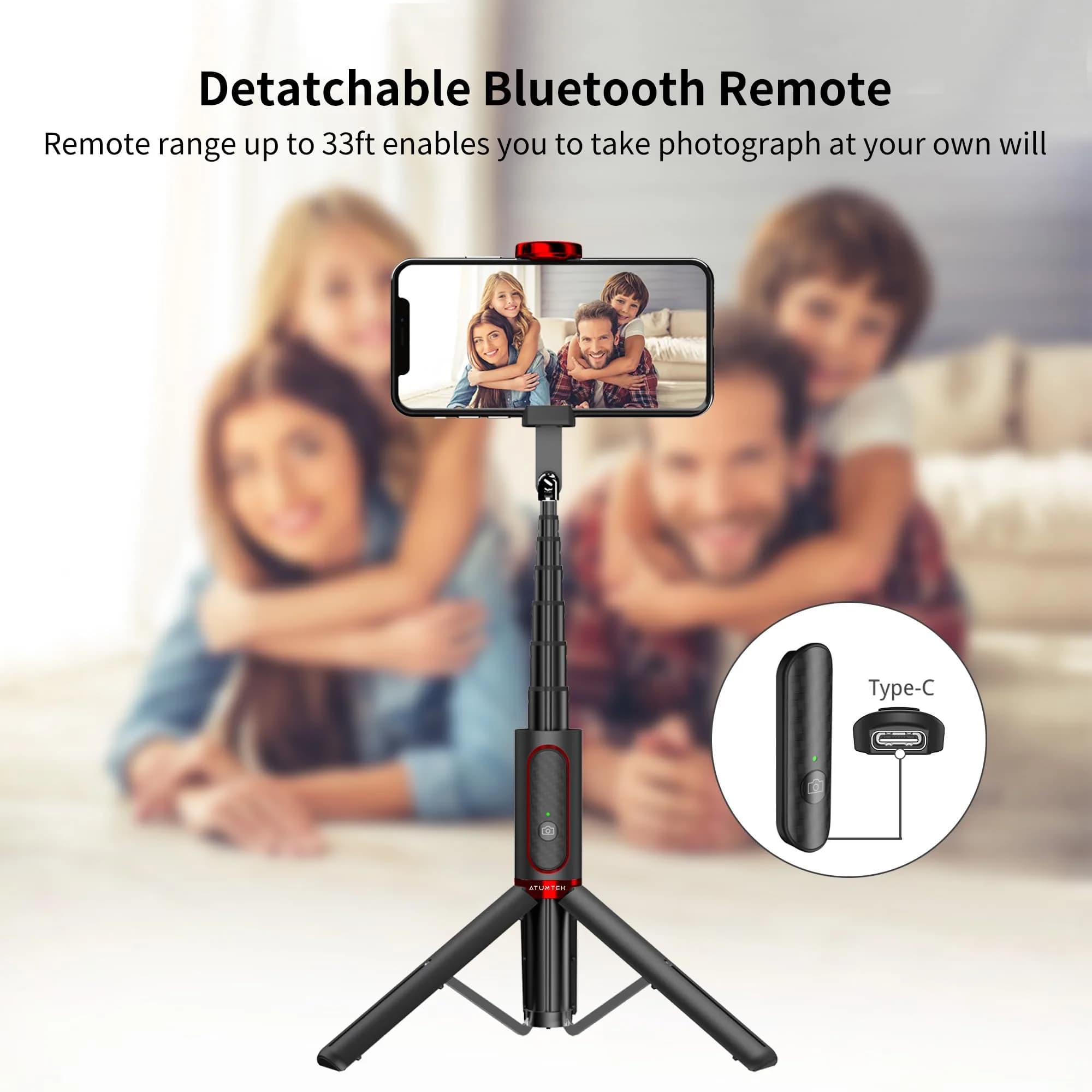 ATUMTEK Red Selfie Stick Tripod with Bluetooth Remote, Extendable Aluminum Phone Holder - view 3