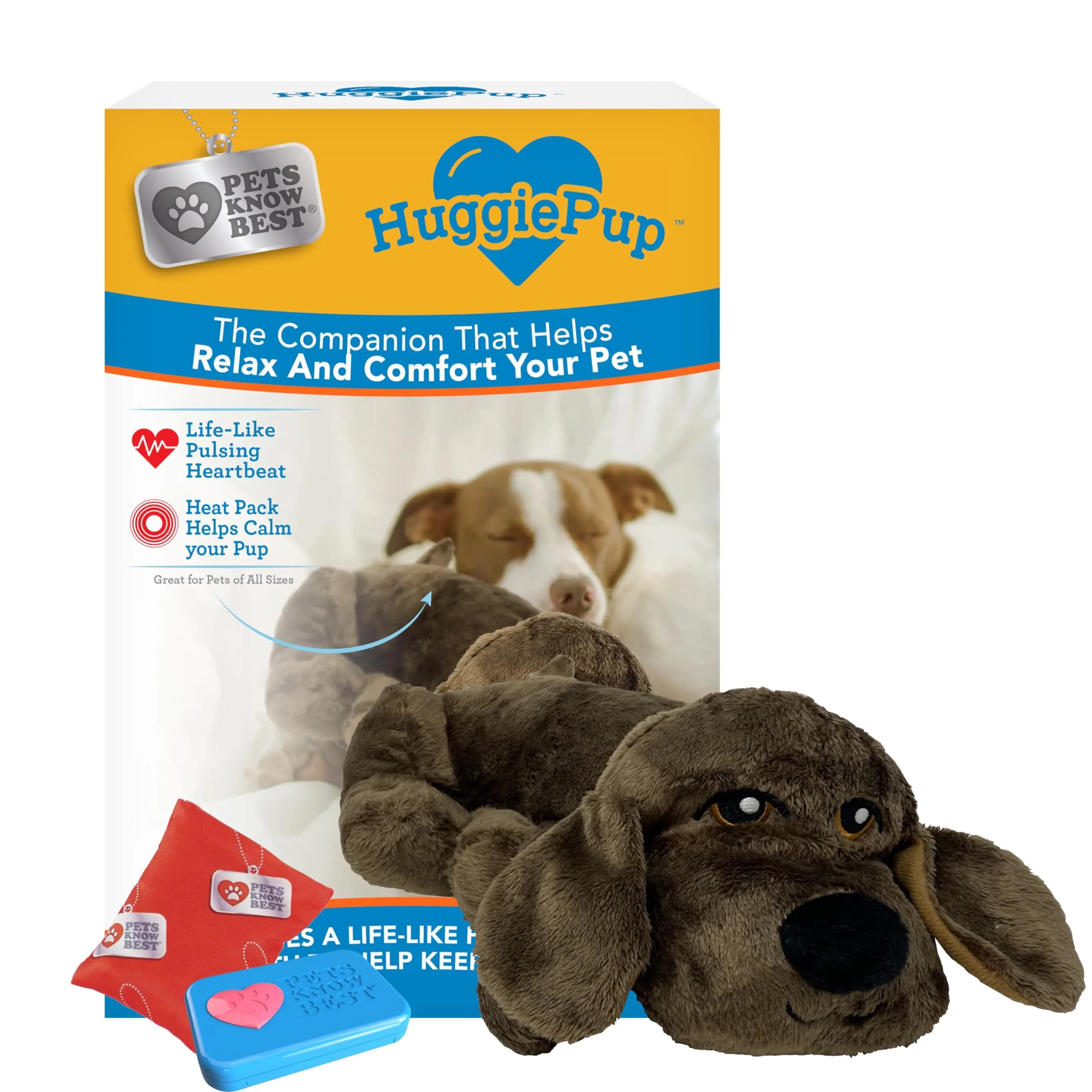 Pets Know Best HuggiePup Comfort Companion with Heartbeat & Heating | Calms Dogs & Puppies, Reusable, Chocolate