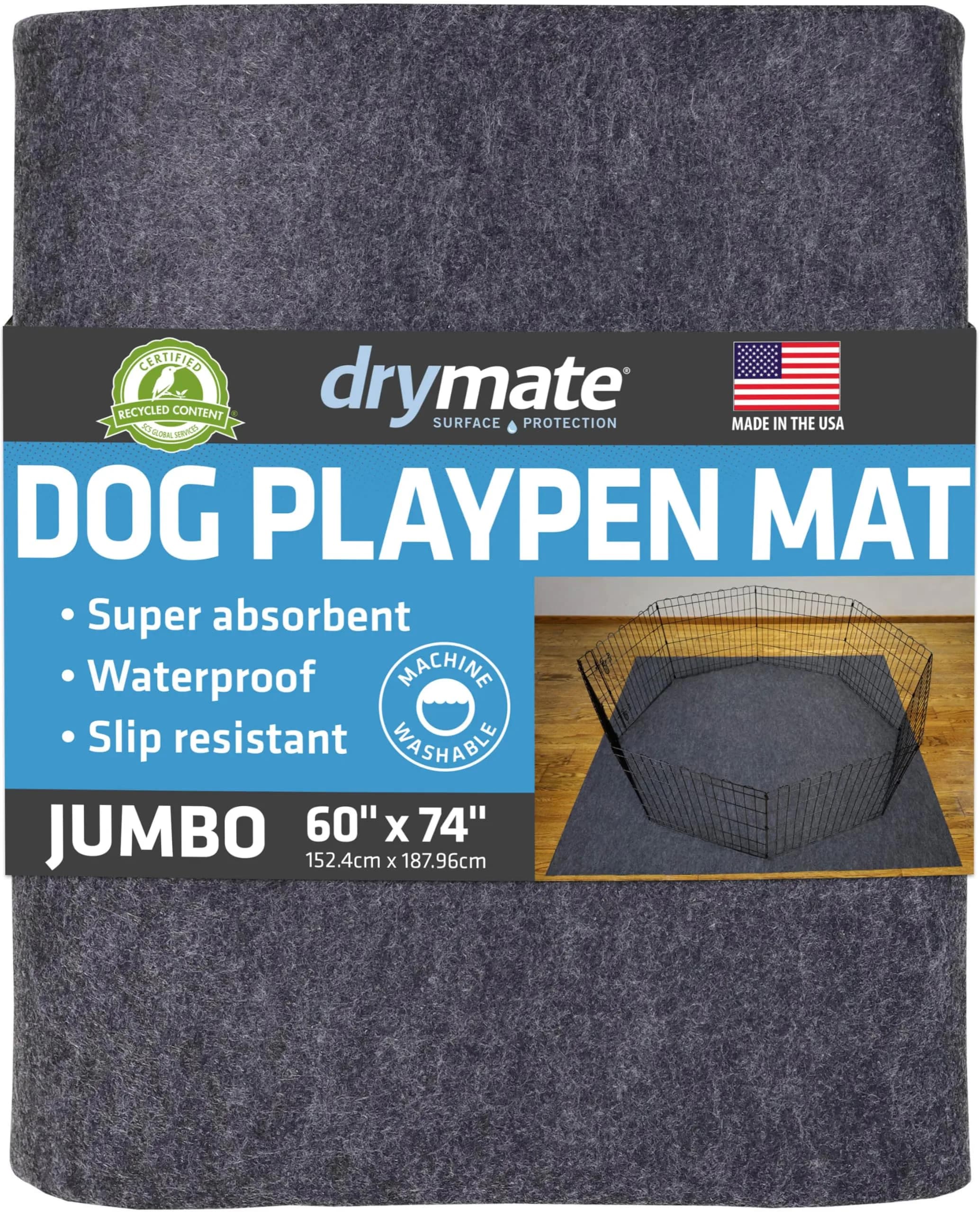 Drymate Jumbo Dog Playpen Mat 60x74 Charcoal | Super Absorbent Waterproof Reusable Puppy Pad - main product image