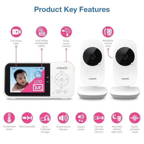 VTech VM819-2 Baby Monitor with 2 Cameras – 19-Hour Battery, 1000ft Range | Secure FHSS Connection thumbnail 2