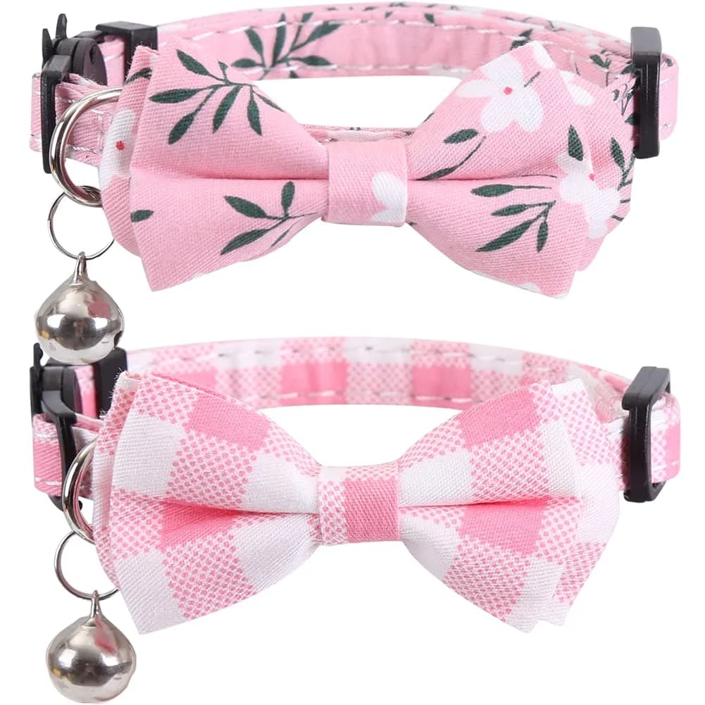 Lamphyface 2 Pack Cat Collar Breakaway with Bow Tie and Bell | Adjustable Cotton Pet Accessory for Small Cats — Pink-2