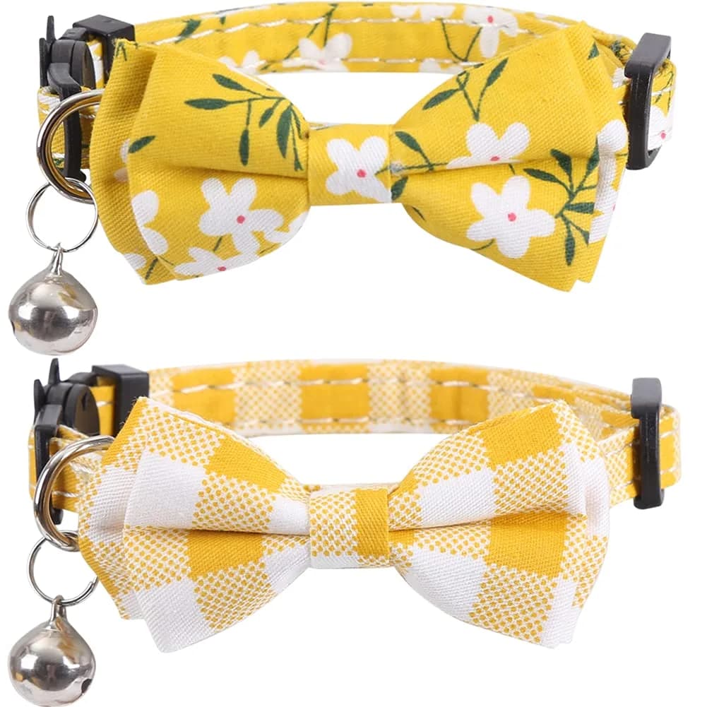 Lamphyface Cat Collar 8-11" | Adjustable Breakaway Safety with Bow & Bell (100-120 chars) — Yellow