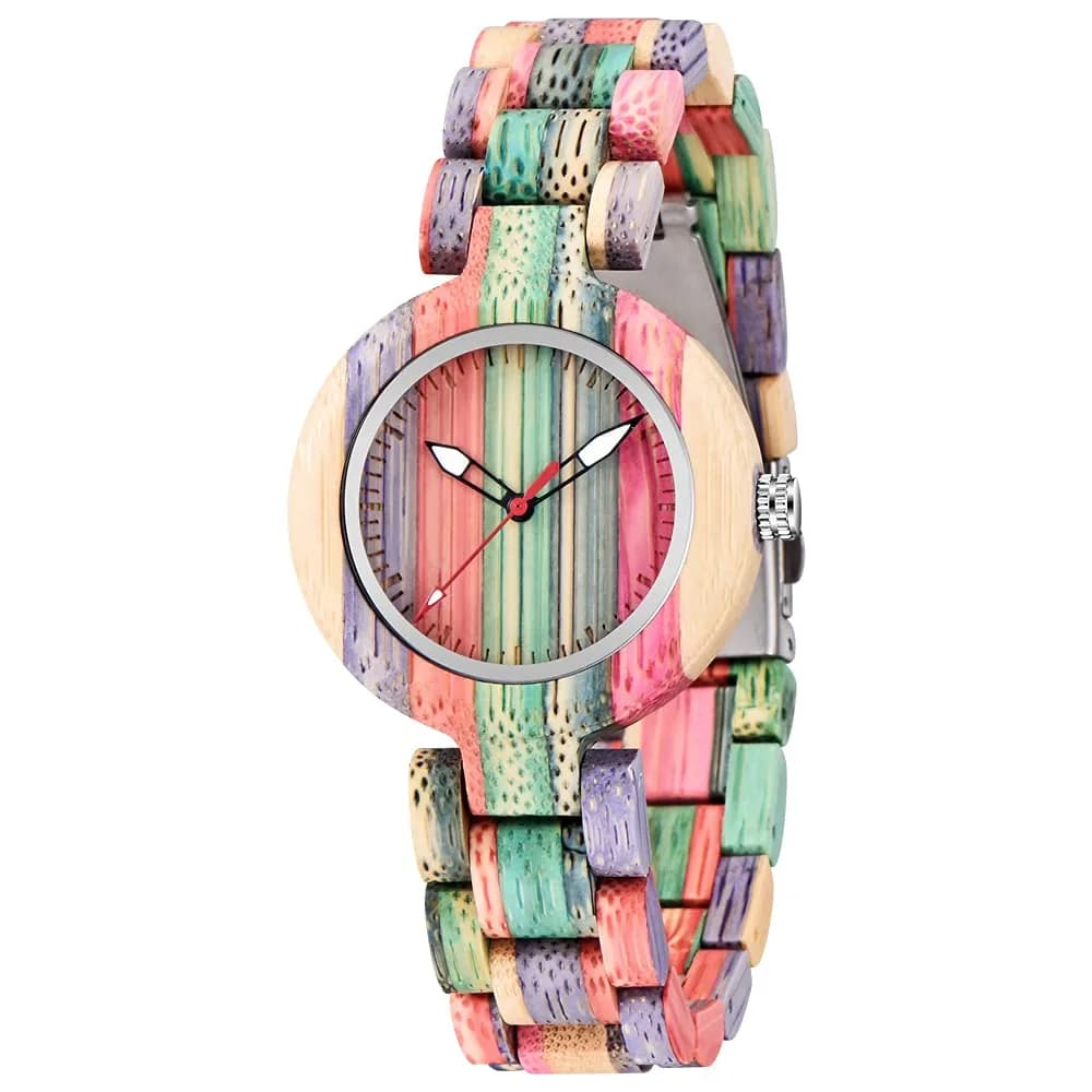 Dentily Women's Square Wood Watch Handmade Natural Wood Quartz Ladies Wristwatch with Multicolor Band | Adjustable Size — colorful