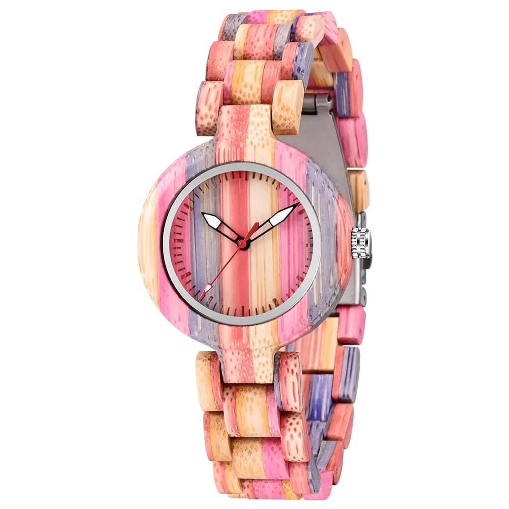Dentily Women's Square Wood Watch Handmade Natural Wood Quartz Ladies Wristwatch with Multicolor Band | Adjustable Size — pink