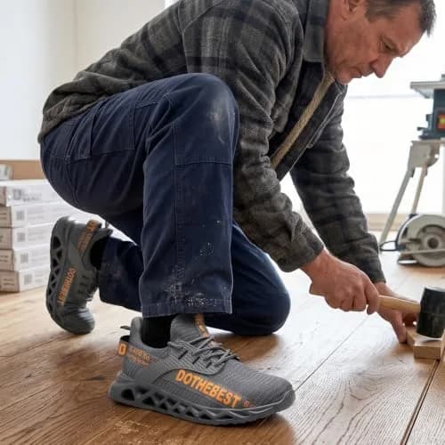 Furuian Steel Toe Shoes for Men Women | Slip-On Safety Work Shoes 6 Men/5.5 Women (Grey) thumbnail 2