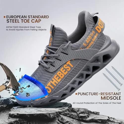 Furuian Steel Toe Shoes for Men Women | Slip-On Safety Work Shoes 6 Men/5.5 Women (Grey) thumbnail 4