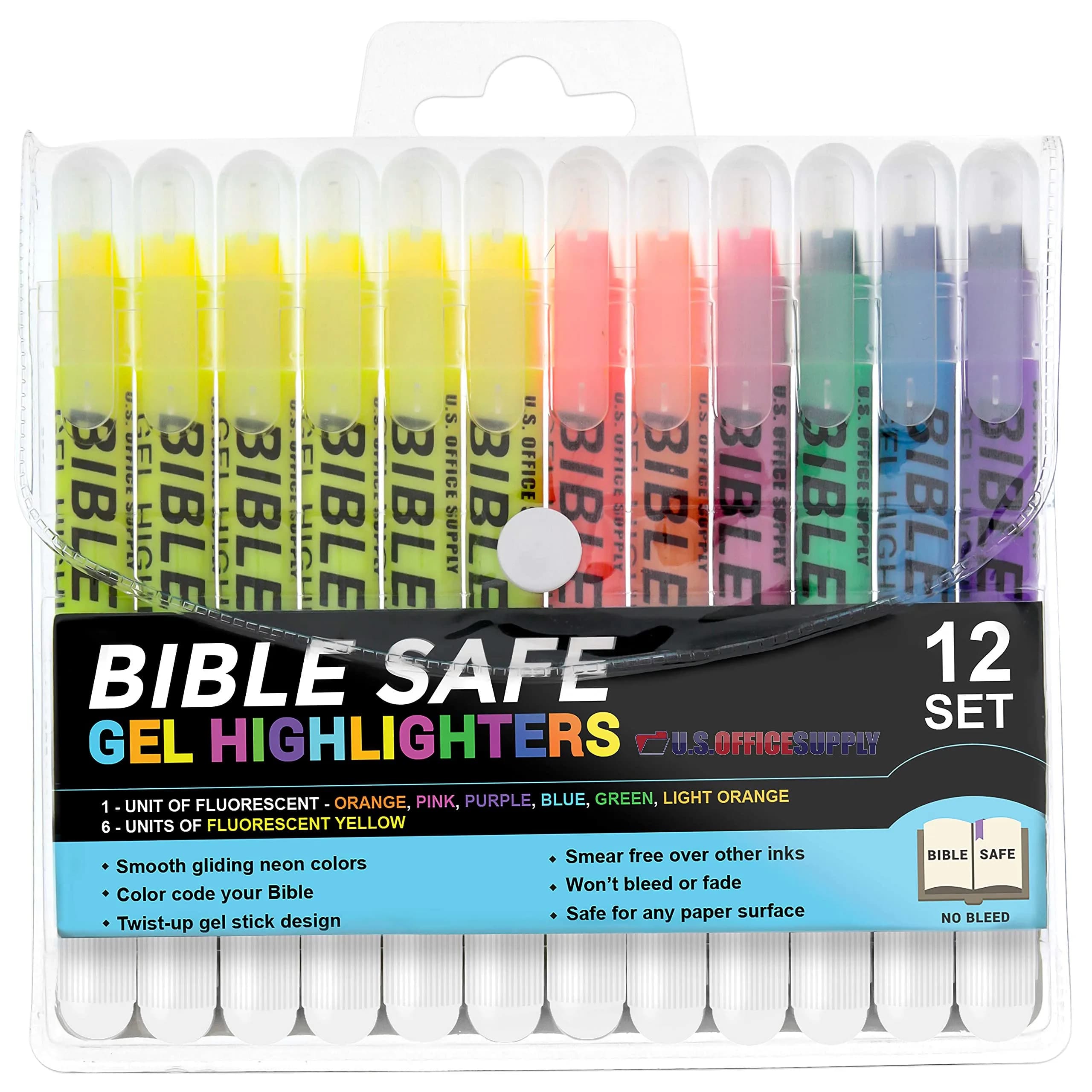 US Office Supply Bible Safe Highlighter Set of 12 | No Bleed Pastel Markers for Bible Study — Multicolor