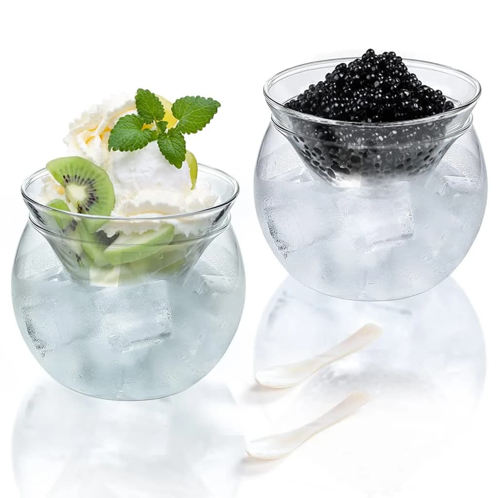 MDLUU 2-Pack Glass Caviar Chiller Server with Mother of Pearl Spoon, 16.9 oz (499 ml) Ice Bowl