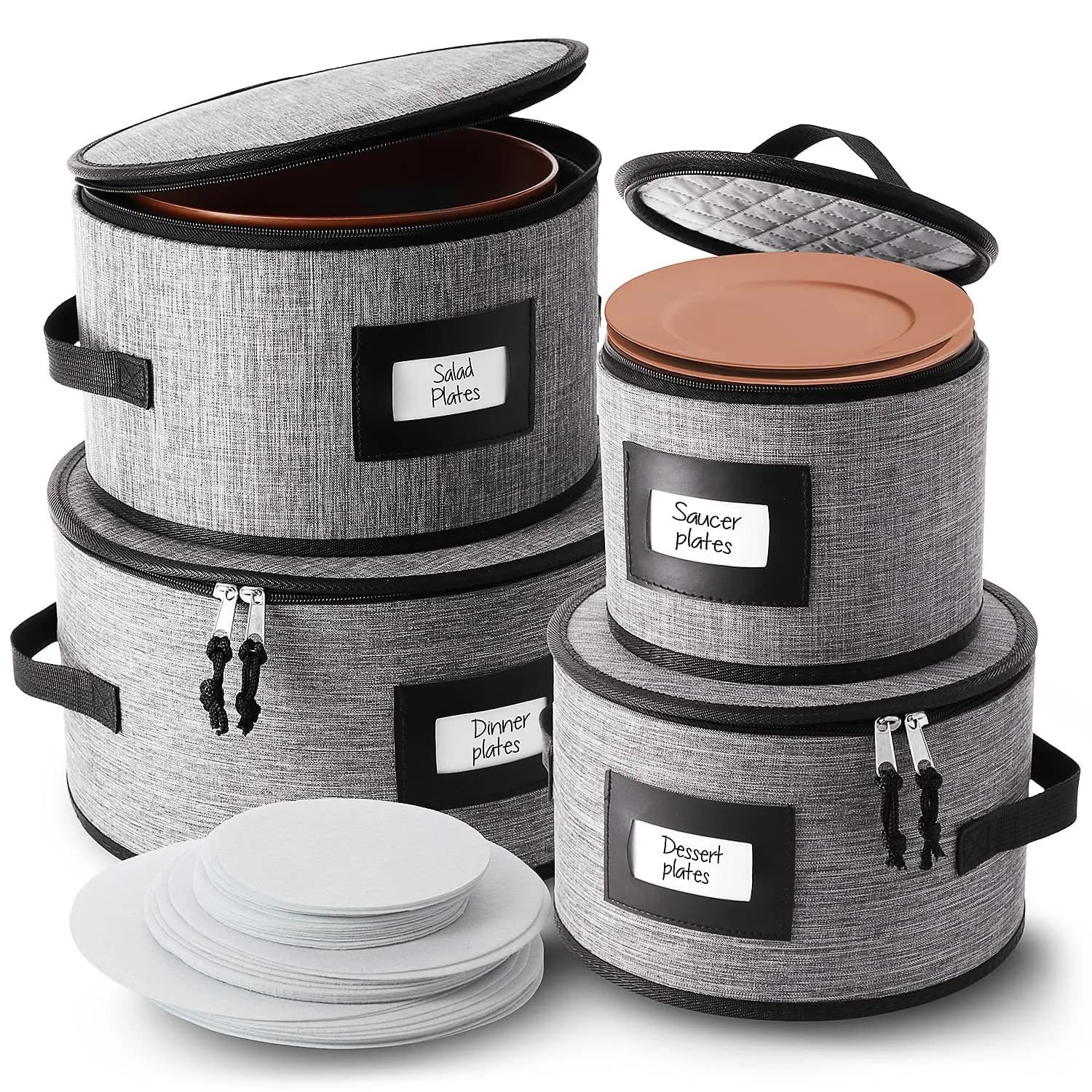 STORAGEBUD Fine China Storage Containers Hard Shell 4 Piece | Stackable Dish Organizer with Dividers