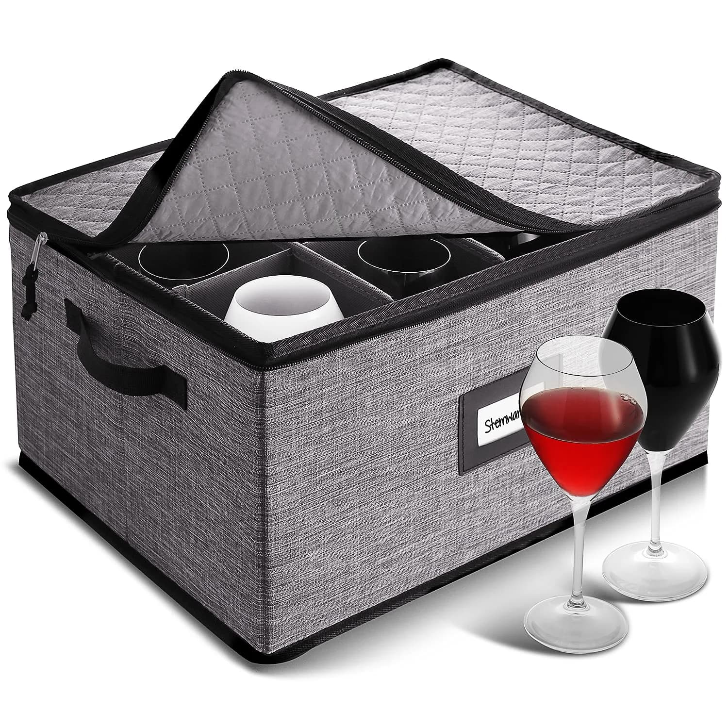 STORAGEBUD Wine Glass Storage Box with Dividers 12 Cups | Padded & Stackable for Moving & Seasonal Storage