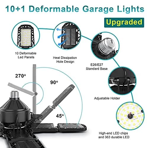 Nexillumi 2-Pack Led Garage Light 180W | 36,000LM Bright Ceiling LED with E26/E27 Base, 6000K Daylight, Adjustable Panels for Garage & Workshop thumbnail 5