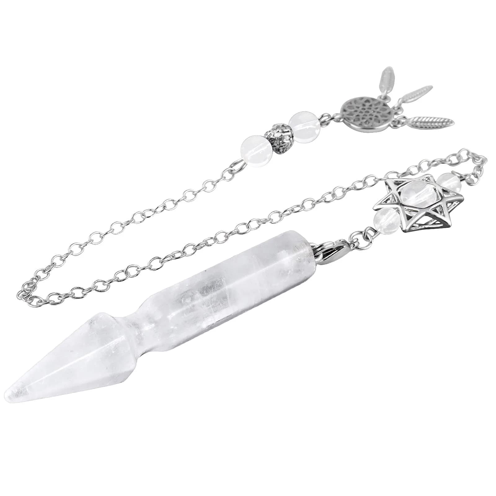 SUNYIK Rock Quartz Healing Crystal Point Pendulum for Dowsing Divination | Hexagonal Star & Dreamcatcher Necklace - main product image